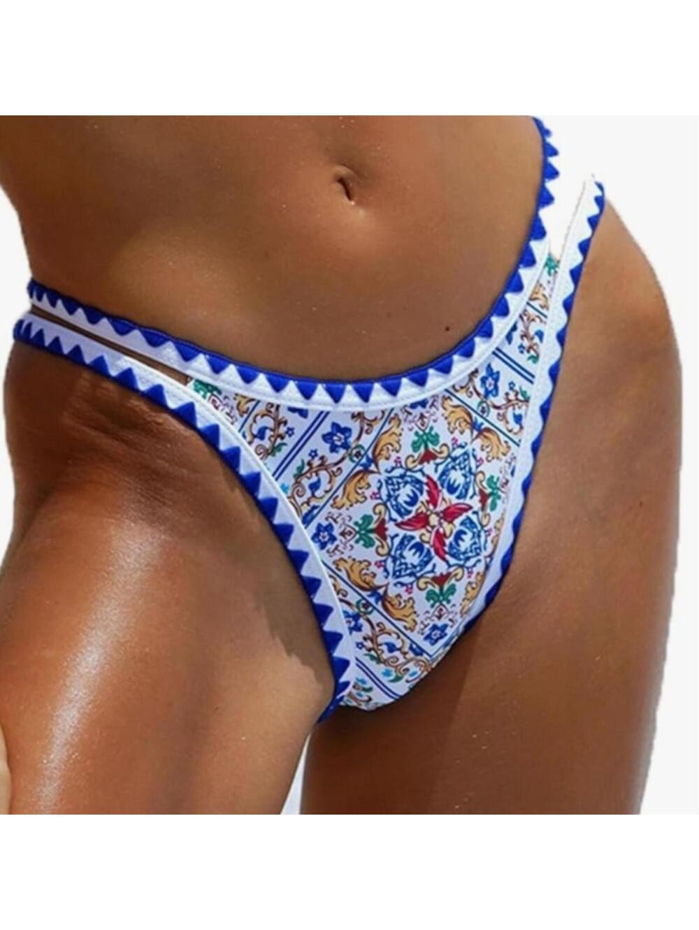 Women's Blue and White Patterned High Cut Bikini Bottom